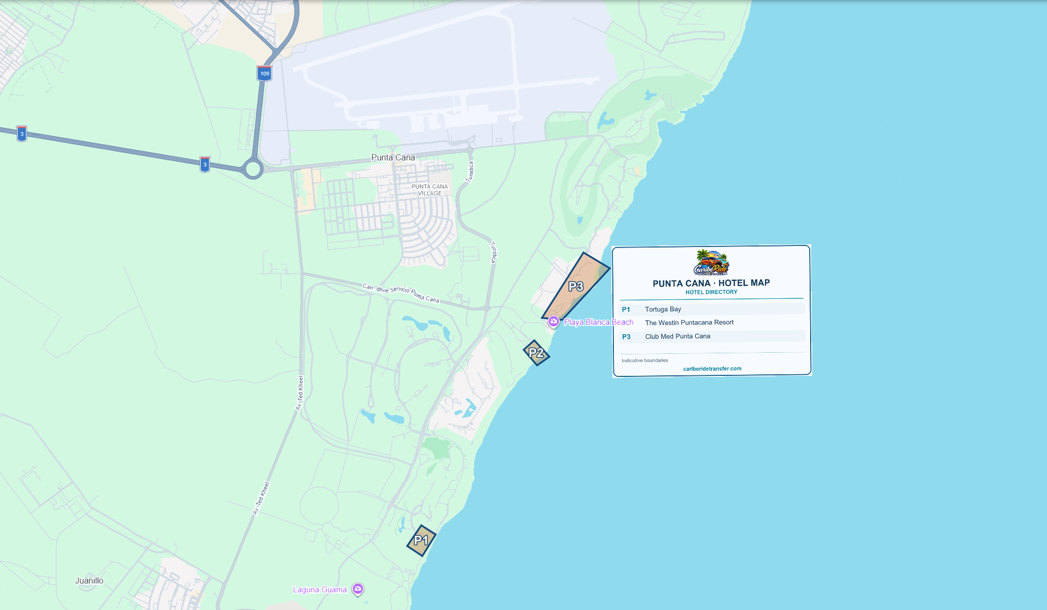Punta Cana map showing Tortuga Bay, The Westin Puntacana Resort and Club Med Punta Cana near the airport and Punta Cana Village